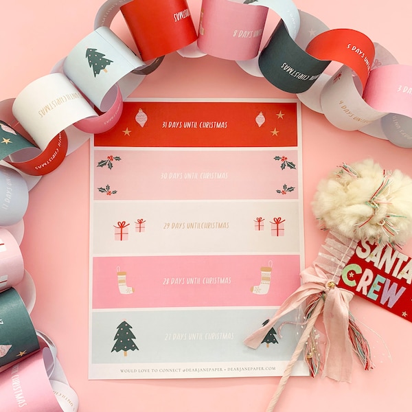 Christmas Countdown Calendar for kids - Printable Christmas Advent Paper Chain - Red, Mint, Pink, Green, Cream Version