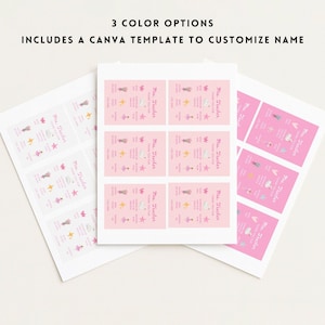 May include: Sheets of pink and white labels with a ballet theme. Each label features illustrations of ballet-related items and the text "Miss Twinkle". The text "3 COLOR OPTIONS" and "INCLUDES A CANVA TEMPLATE TO CUSTOMIZE NAME" are also visible.