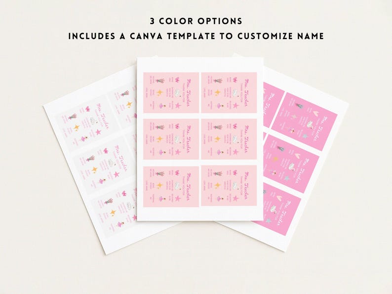May include: Sheets of pink and white labels with a ballet theme. Each label features illustrations of ballet-related items and the text "Miss Twinkle". The text "3 COLOR OPTIONS" and "INCLUDES A CANVA TEMPLATE TO CUSTOMIZE NAME" are also visible.
