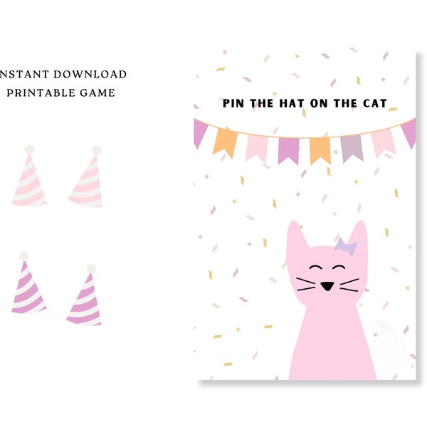 Pin the Hat on Cat Birthday Party Printable Game for Kids- Pink Colorway