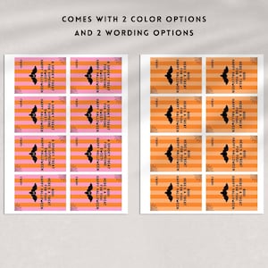 May include: Halloween-themed gift tags with a bat silhouette and the phrases "Here's a Treat for You!" and "Happy Halloween." The tags have striped backgrounds in pink and orange. The text "COMES WITH 2 COLOR OPTIONS AND 2 WORDING OPTIONS" is at the top.