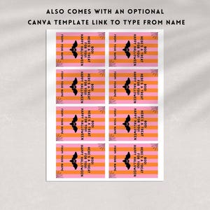 May include: Sheet of Halloween-themed gift tags with a pink and orange striped background. Each tag features a black bat silhouette, the words "Boo! Here's a treat for you! Happy Halloween," and space to write a name.