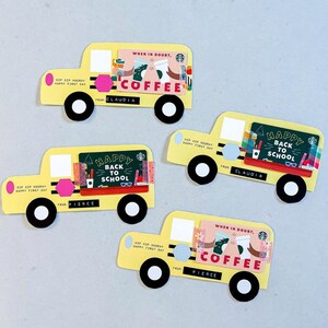 May include: Four yellow school bus-shaped gift tags with different designs. The top tag says "When in doubt, coffee" with a coffee cup and hands holding it. The second tag says "Happy back to school" with a school bus and school supplies. The third tag says "Happy back to school" with a school bus and school supplies. The bottom tag says "When in doubt, coffee" with a coffee cup and hands holding it.