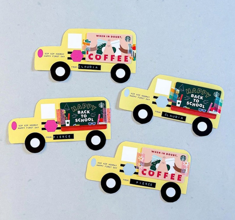 May include: Four yellow school bus-shaped gift tags with different designs. The top tag says "When in doubt, coffee" with a coffee cup and hands holding it. The second tag says "Happy back to school" with a school bus and school supplies. The third tag says "Happy back to school" with a school bus and school supplies. The bottom tag says "When in doubt, coffee" with a coffee cup and hands holding it.