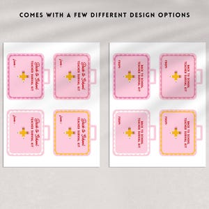 K&ouml;nnte beinhalten: Rosa und gelbe Etiketten f&uuml;r das Back to School Teacher Survival Kit mit dem Text "Back to School Teacher Survival Kit". Die Etiketten haben ein Kofferdesign mit einer Kreuz- und Bleistiftgrafik. Der Text "COMES WITH A FEW DIFFERENT DESIGN OPTIONS" steht oben.