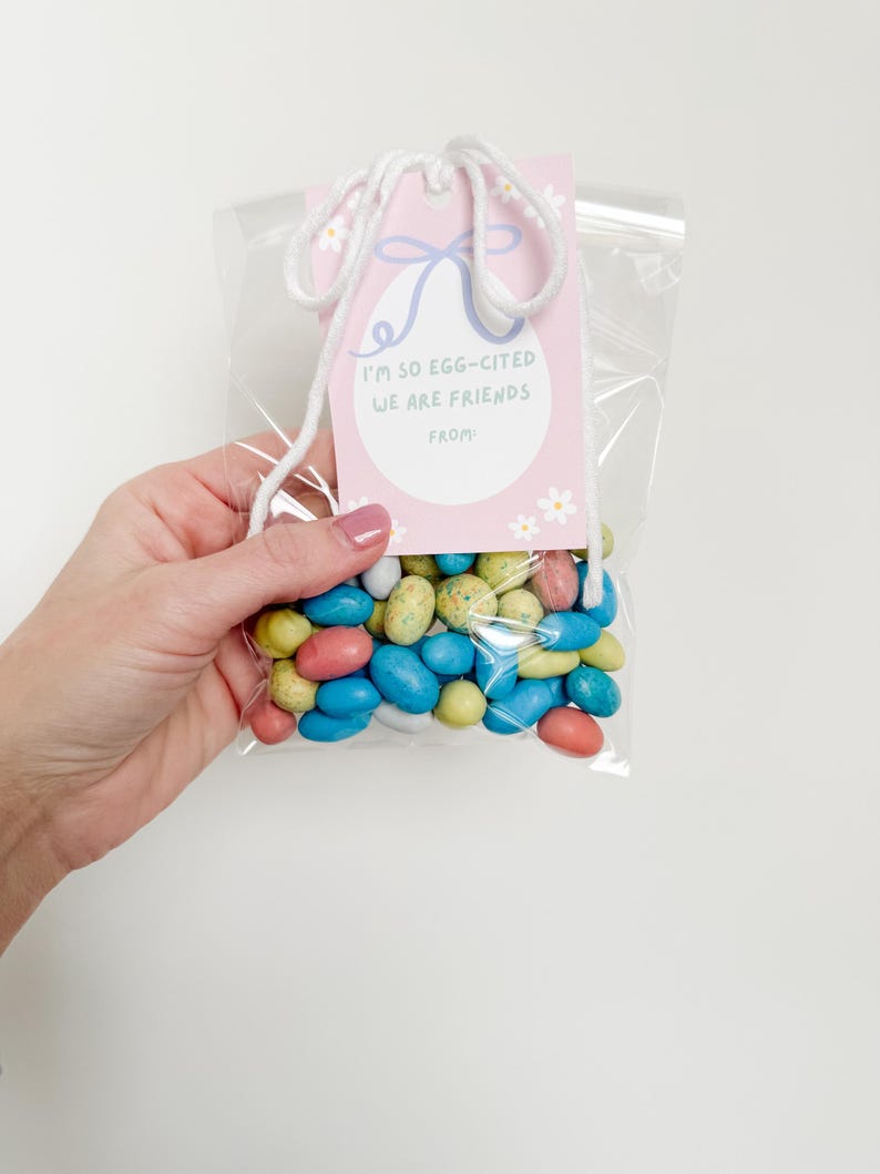 K&ouml;nnte beinhalten: Eine durchsichtige Plastikt&uuml;te gef&uuml;llt mit pastellfarbenen Bonbons in Eiform, die mit einem wei&szlig;en Band und einem rosa Geschenkanh&auml;nger mit der Aufschrift "I'm so egg-cited we are friends from" gebunden ist.