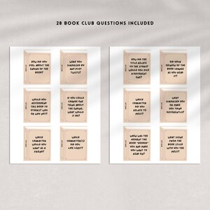 May include: A set of 28 book club discussion cards with questions printed on each card. The cards are designed to look like book covers with a brown background and white text. The questions are about the book's plot, characters, and overall impact.