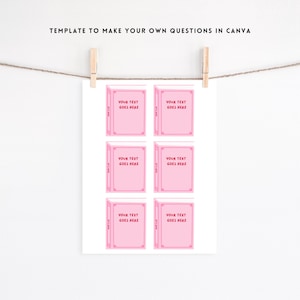 Pode incluir: Uma impress&atilde;o branca com seis modelos cor-de-rosa em forma de livro, cada um com o texto "YOUR TEXT GOES HERE". A impress&atilde;o &eacute; suspensa por clipes de madeira em uma corda. O texto "TEMPLATE TO MAKE YOUR OWN QUESTIONS IN CANVA" est&aacute; no topo.