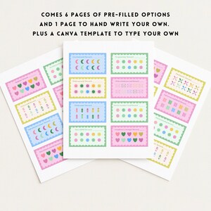 May include: Sheets of colorful reward charts with various designs, including hearts, moons, and geometric shapes. The text on the image says "COMES 6 PAGES OF PRE-FILLED OPTIONS AND 1 PAGE TO HAND WRITE YOUR OWN. PLUS A CANVA TEMPLATE TO TYPE YOUR OWN."