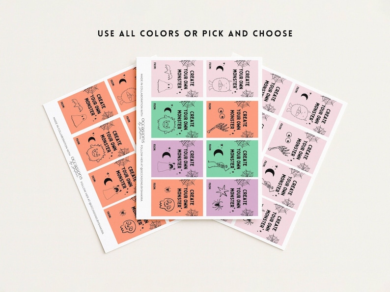 Puede incluir: Hojas de pegatinas con tem&aacute;tica de Halloween con ilustraciones de monstruos. Las pegatinas presentan el texto "CREATE YOUR OWN MONSTER" y son de color naranja, verde, morado y rosa. La frase "USE ALL COLORS OR PICK AND CHOOSE" est&aacute; en la parte superior.