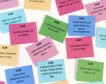 Editable Clue Hunt Birthday Scavenger Hunt, Birthday Clue Hunt Game, 60 Scavenger Hunt Clues, Kids Birthday Party Game, Customizable Game