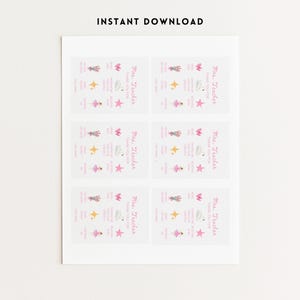 May include: A sheet of six printable cards with a light pink and white design. Each card has the text "Mrs. Teacher, Thank You For" and includes illustrations of flowers, stars, and a ballerina. The words "Instant Download" are at the top.