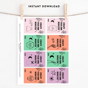 Puede incluir: Una hoja de etiquetas de regalo con tem&aacute;tica de Halloween con el texto "Crea tu propio monstruo" e ilustraciones de monstruos. Las etiquetas son rosas, verdes, naranjas y moradas, y cuelgan de un tendedero. Las palabras "Descarga instant&aacute;nea" est&aacute;n en la parte superior.