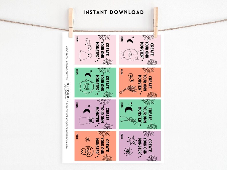 Puede incluir: Una hoja de etiquetas de regalo con tem&aacute;tica de Halloween con el texto "Crea tu propio monstruo" e ilustraciones de monstruos. Las etiquetas son rosas, verdes, naranjas y moradas, y cuelgan de un tendedero. Las palabras "Descarga instant&aacute;nea" est&aacute;n en la parte superior.