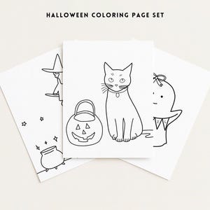 Puede incluir: Juego de p&aacute;ginas para colorear de Halloween con ilustraciones de una bruja, un gato con una calabaza y un fantasma. El texto "HALLOWEEN COLORING PAGE SET" est&aacute; en la parte superior. Ideal para actividades infantiles y manualidades.