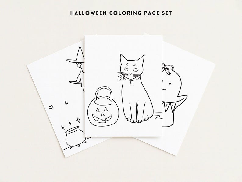 Puede incluir: Juego de p&aacute;ginas para colorear de Halloween con ilustraciones de una bruja, un gato con una calabaza y un fantasma. El texto "HALLOWEEN COLORING PAGE SET" est&aacute; en la parte superior. Ideal para actividades infantiles y manualidades.