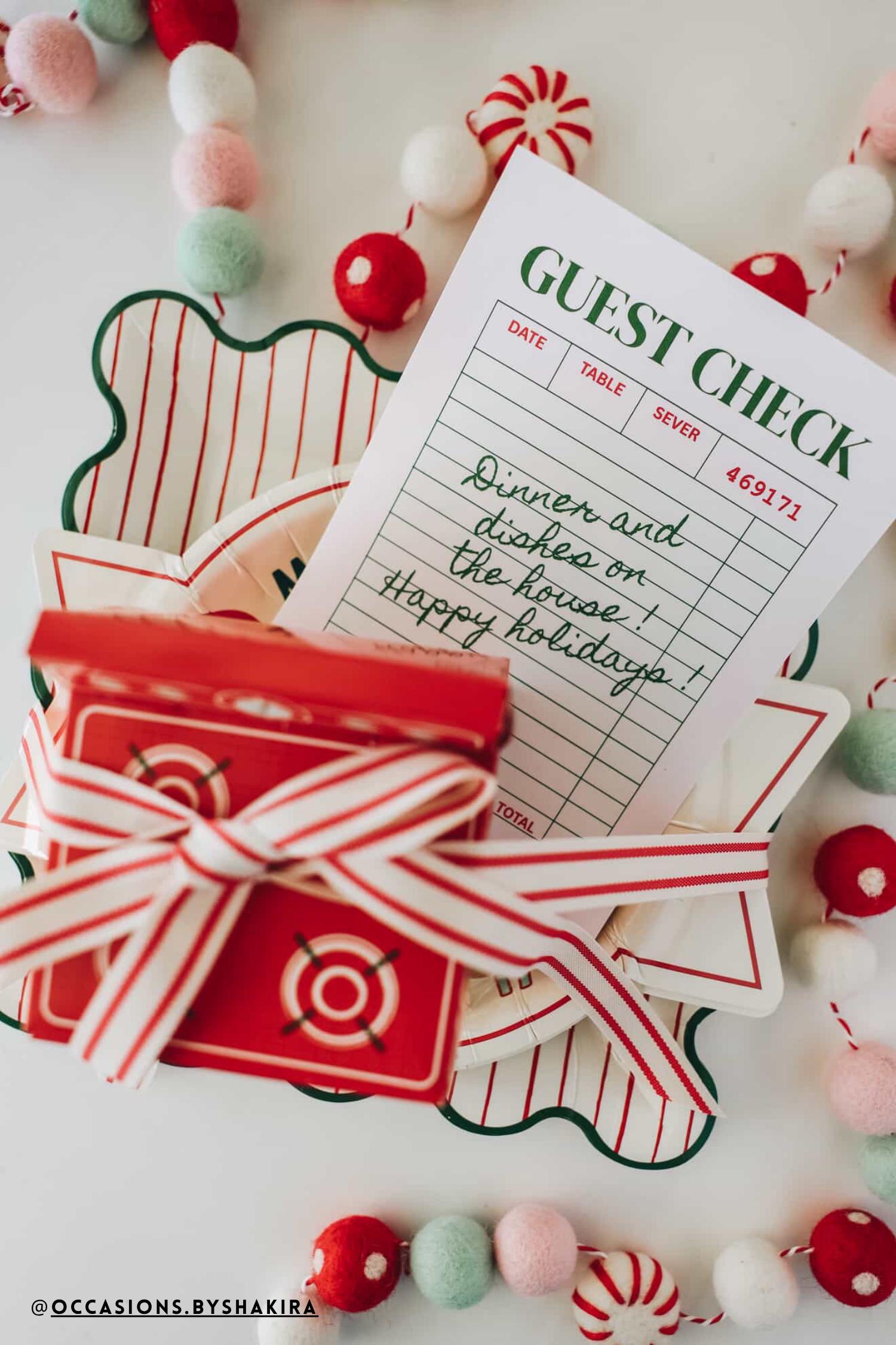 Dinner and Dishes Christmas Gift Card Holder Printable Guest Check Teacher Gift, Winter Break Staff Gift, Easy Teacher Present