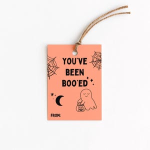 May include: A rectangular orange gift tag with the text "YOU'VE BEEN BOO'ED" in black. The tag features a ghost holding a pumpkin, spiderwebs, a crescent moon, and stars. A brown string is attached at the top.