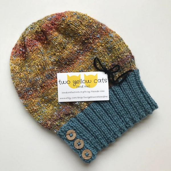 CLEARANCE - Multicolor Knit Textured Beanie With Contrast Band & Three Buttons in Denim Blue, Mustard, Yellow, Brown, and Orange