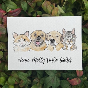 May include: Watercolor illustration of four pets: a cat, two dogs, and another cat. The pets are labeled with the names Nemo, Molly, Turbo, and Walter. The artwork is on a white rectangular card, set against a backdrop of green and red leaves.