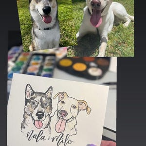 May include: Watercolor portrait of two dogs, a husky and a white dog, with their names "Nala + Milo" written below. The image also shows the real dogs and a watercolor palette.