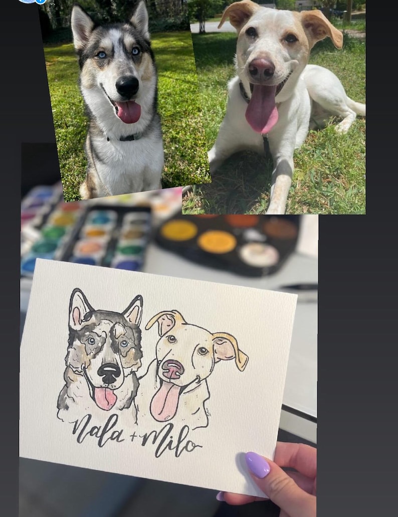 May include: Watercolor portrait of two dogs, a husky and a white dog, with their names "Nala + Milo" written below. The image also shows the real dogs and a watercolor palette.