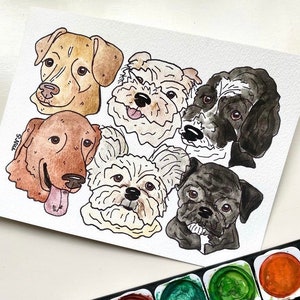 May include: Watercolor painting featuring six different dog breeds. The dogs are depicted with expressive faces and varying fur colors, including tan, brown, black, and white. The artwork is on textured paper, with a watercolor paint palette visible in the corner.