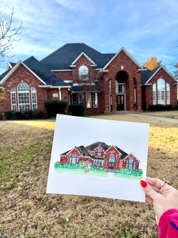 Water Color Home Painting with 1 - 2 People, Water Color Portrait with Couple, Water Color House with Couple in Front 8x10