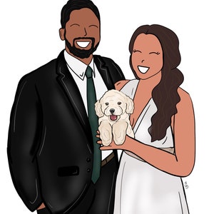 May include: A digital illustration of a couple, a man in a black suit and a woman in a white dress, holding a small white dog. The text "Akaash, Audrey, & Gimbo" is written at the top of the image.