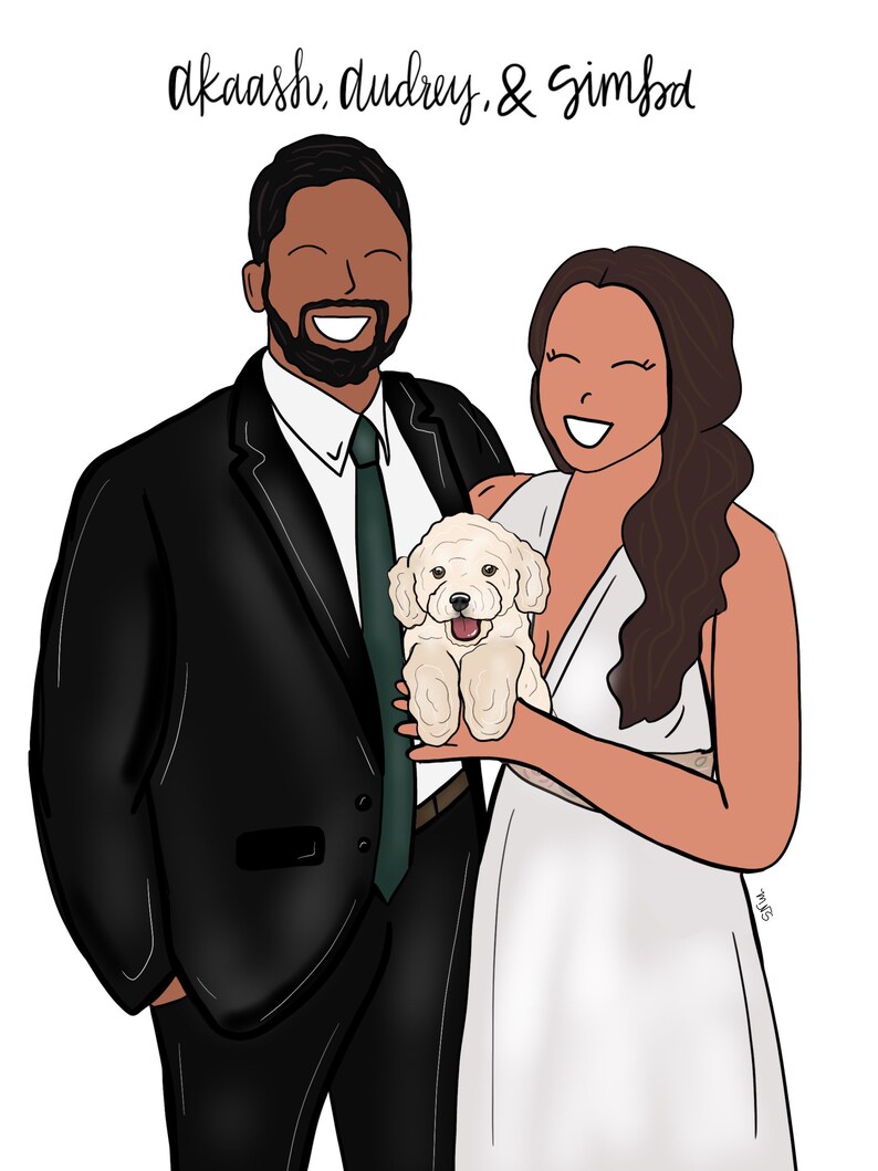 May include: A digital illustration of a couple, a man in a black suit and a woman in a white dress, holding a small white dog. The text "Akaash, Audrey, & Gimbo" is written at the top of the image.