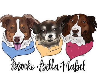Three Pet Digital Pet Portrait, Digital Dog Portrait, Digital Cat Portrait, Dog Drawing, Pet Drawing, Pet Portrait, Art, Digital Art