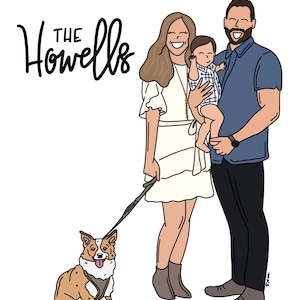 May include: A digital illustration of a family with a dog. The family includes a woman with long brown hair, a man with short brown hair, and a baby. The dog is a corgi with brown and white fur. The family is standing together, and the woman is holding the leash of the dog. The text "THE HOWELLS" is written in black cursive at the top of the image.