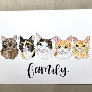 May include: Watercolor illustration of five cats with different fur patterns and colors. The word "family" is written in cursive below the cats. The cats are arranged in a row on a white background.
