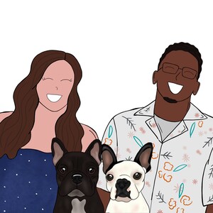 May include: A couple with two French Bulldogs. The woman is wearing a blue dress and has long brown hair. The man is wearing a white shirt with a floral pattern and has short black hair. The dogs are both looking at the camera.