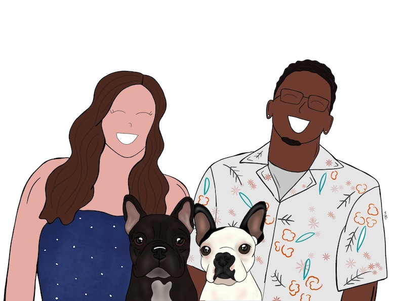 May include: A couple with two French Bulldogs. The woman is wearing a blue dress and has long brown hair. The man is wearing a white shirt with a floral pattern and has short black hair. The dogs are both looking at the camera.