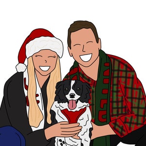 May include: A couple wearing festive attire, a woman in a red and white Santa hat and a man in a red and green plaid shirt, pose with their black and white dog. The woman is wearing a white scarf and the man is wearing a green scarf.