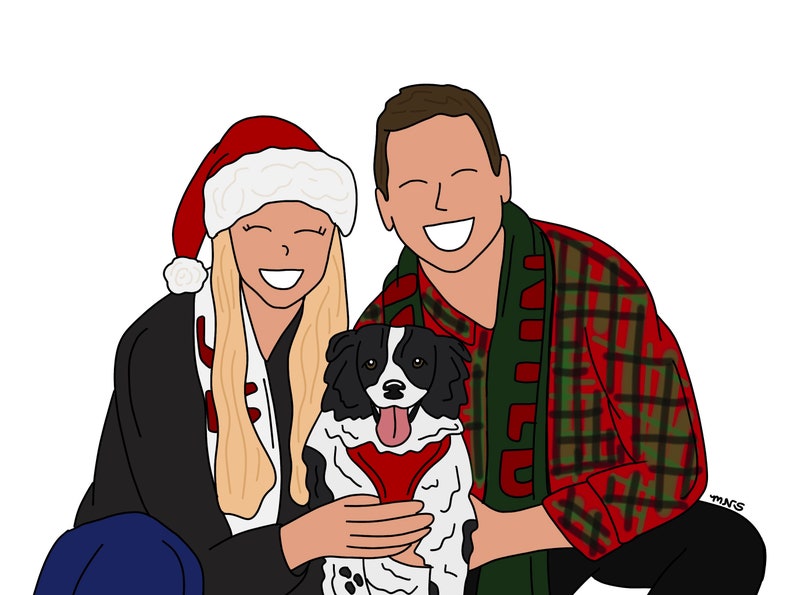 May include: A couple wearing festive attire, a woman in a red and white Santa hat and a man in a red and green plaid shirt, pose with their black and white dog. The woman is wearing a white scarf and the man is wearing a green scarf.
