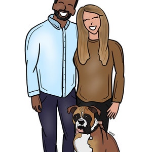 May include: A couple, a man wearing a blue shirt and black trousers and a woman with long blonde hair wearing a brown jumper, stand with their dog, a brown and white boxer, against a white background.