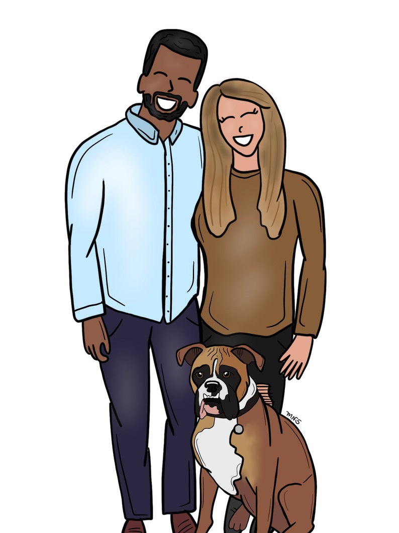 May include: A couple, a man wearing a blue shirt and black trousers and a woman with long blonde hair wearing a brown jumper, stand with their dog, a brown and white boxer, against a white background.