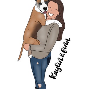 May include: A woman with long brown hair is holding a brown and white puppy in her arms. She is smiling and the puppy is looking at the camera. The text "Raylynn & Finn" is written in black cursive on the right side of the image.