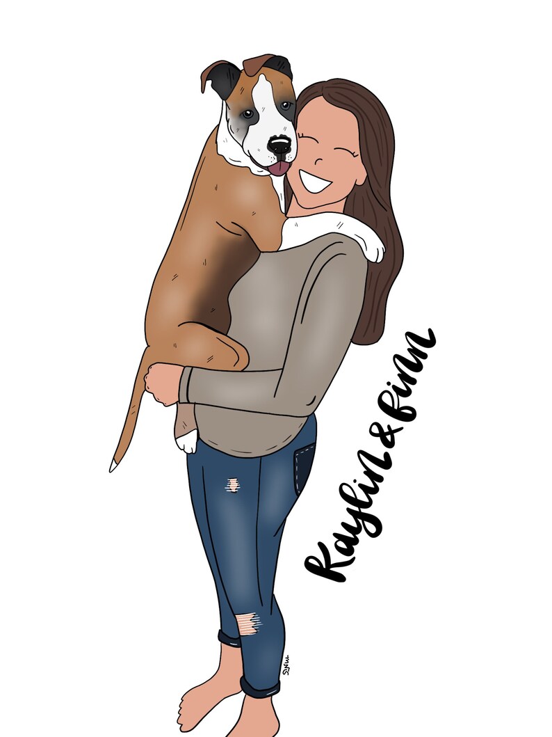 May include: A woman with long brown hair is holding a brown and white puppy in her arms. She is smiling and the puppy is looking at the camera. The text "Raylynn & Finn" is written in black cursive on the right side of the image.