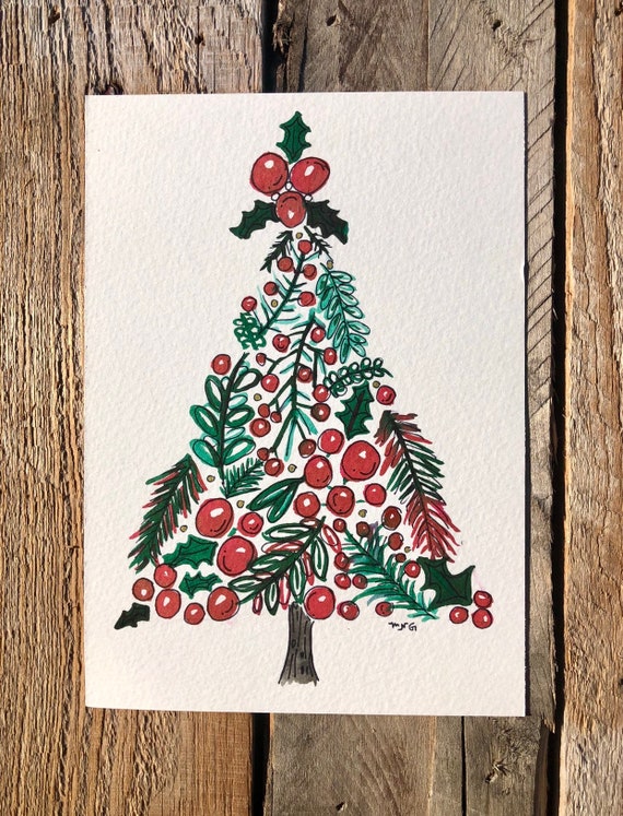 Weihnachtsbaum Druck, Weihnachtsbaum Kunst, Holly & Beere Tannenbaum, Aquarell Tannenbaum