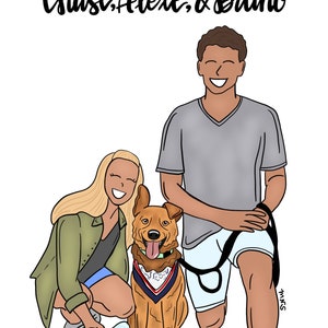 May include: A digital illustration of a couple and their dog. The man is wearing a grey shirt and white shorts. The woman is wearing a green jacket, blue shorts, and a black shirt. The dog is brown and wearing a red, white and blue bandana. The text "Chase, Alex, & Bruno" is written at the top of the image.