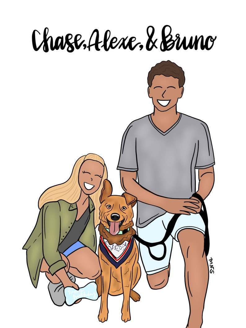 May include: A digital illustration of a couple and their dog. The man is wearing a grey shirt and white shorts. The woman is wearing a green jacket, blue shorts, and a black shirt. The dog is brown and wearing a red, white and blue bandana. The text "Chase, Alex, & Bruno" is written at the top of the image.