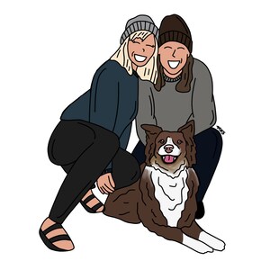 May include: Two people wearing beanies and smiling, kneeling down with a brown and white dog in front of them.