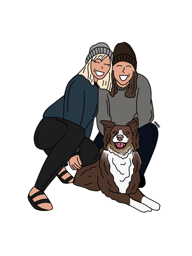 May include: Two people wearing beanies and smiling, kneeling down with a brown and white dog in front of them.
