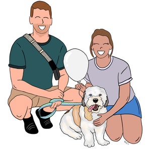 May include: A couple are kneeling with their dog, a white and brown dog with a pink tongue sticking out. The man is wearing a green shirt and khaki shorts. The woman is wearing a purple shirt and a blue skirt. They are holding a white balloon.