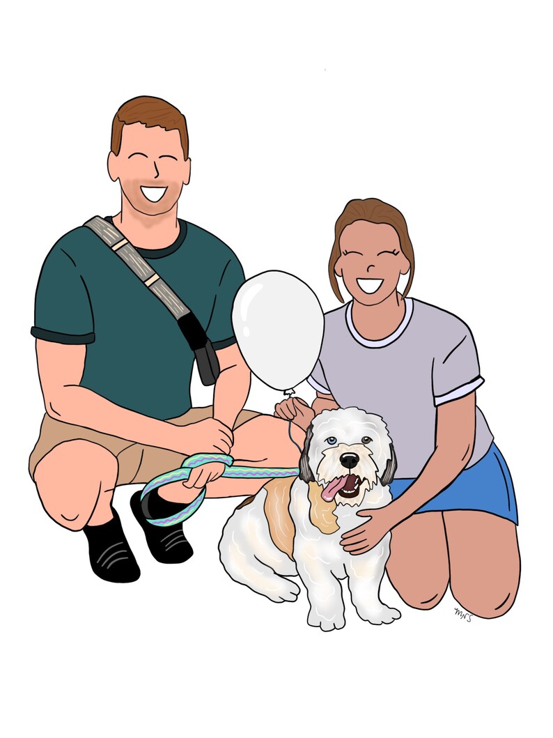 May include: A couple are kneeling with their dog, a white and brown dog with a pink tongue sticking out. The man is wearing a green shirt and khaki shorts. The woman is wearing a purple shirt and a blue skirt. They are holding a white balloon.