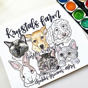 May include: Watercolor illustration of six pets, including a dog, cat, and rabbit, with the text "Krystals Farm." The pets are in various colors, with names like "Harley" and "Chubbs" written below them. A watercolor paint set is in the upper right corner.