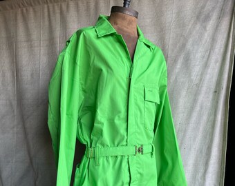 Vintage 70’s Jumpsuit Workwear Long Sleeve Pants With Belt Lime Green Topp Master Brand Size L